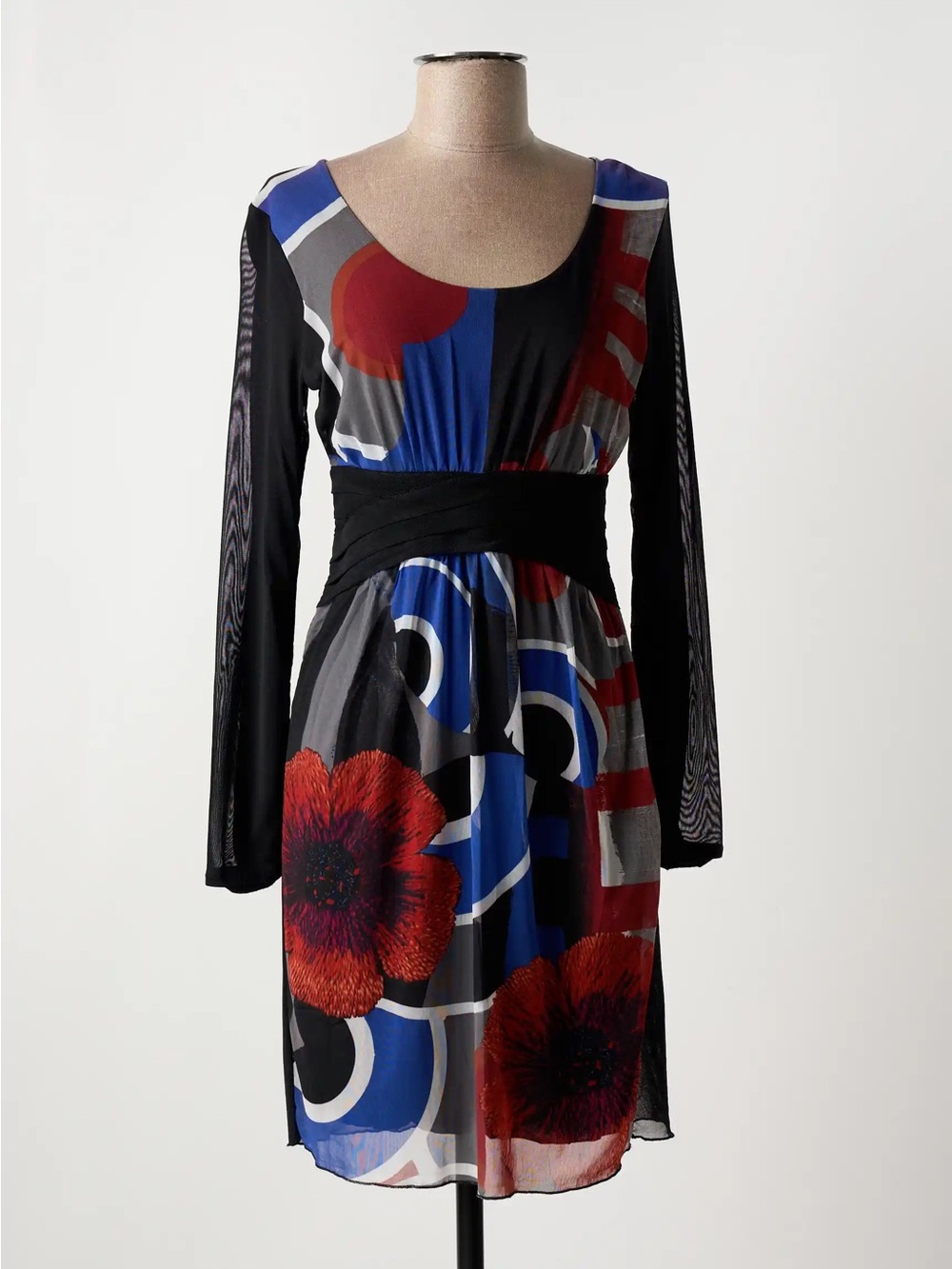 Desigual Abstract Midi Dress in Black & Blue Size Medium